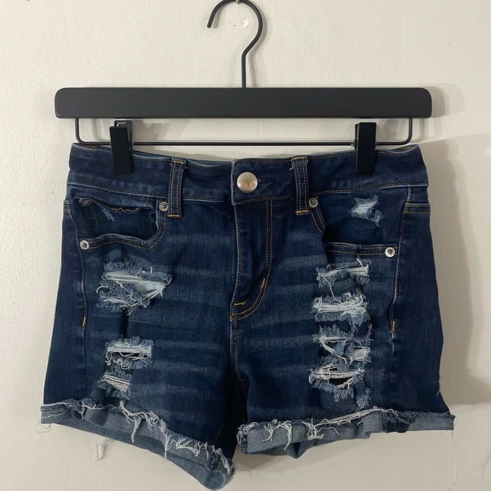 American Eagle Distressed Hi-Rise Shortie Distressed Shorts Dark Wash